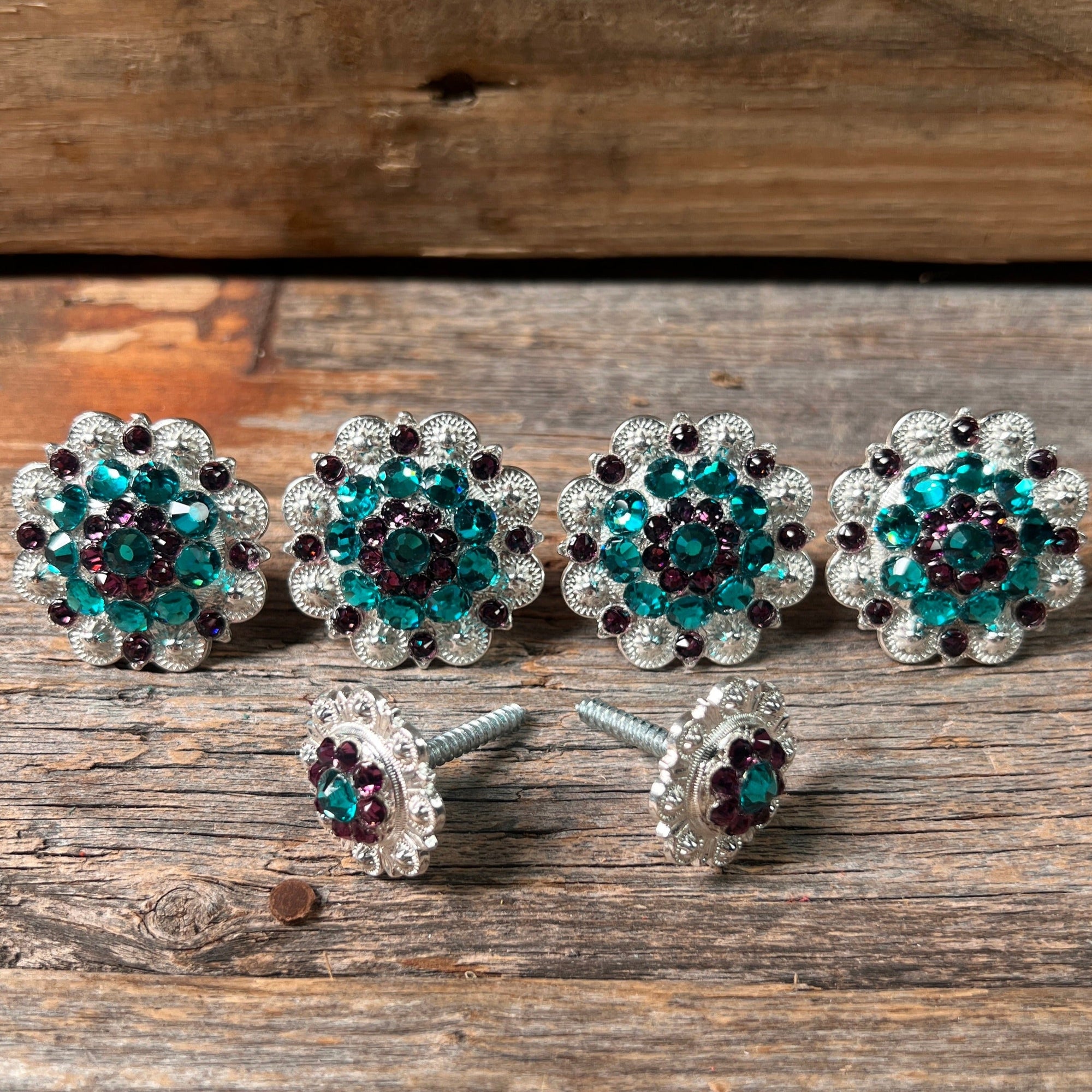Bright Silver Teal &amp; Amethyst Saddle Conchos
