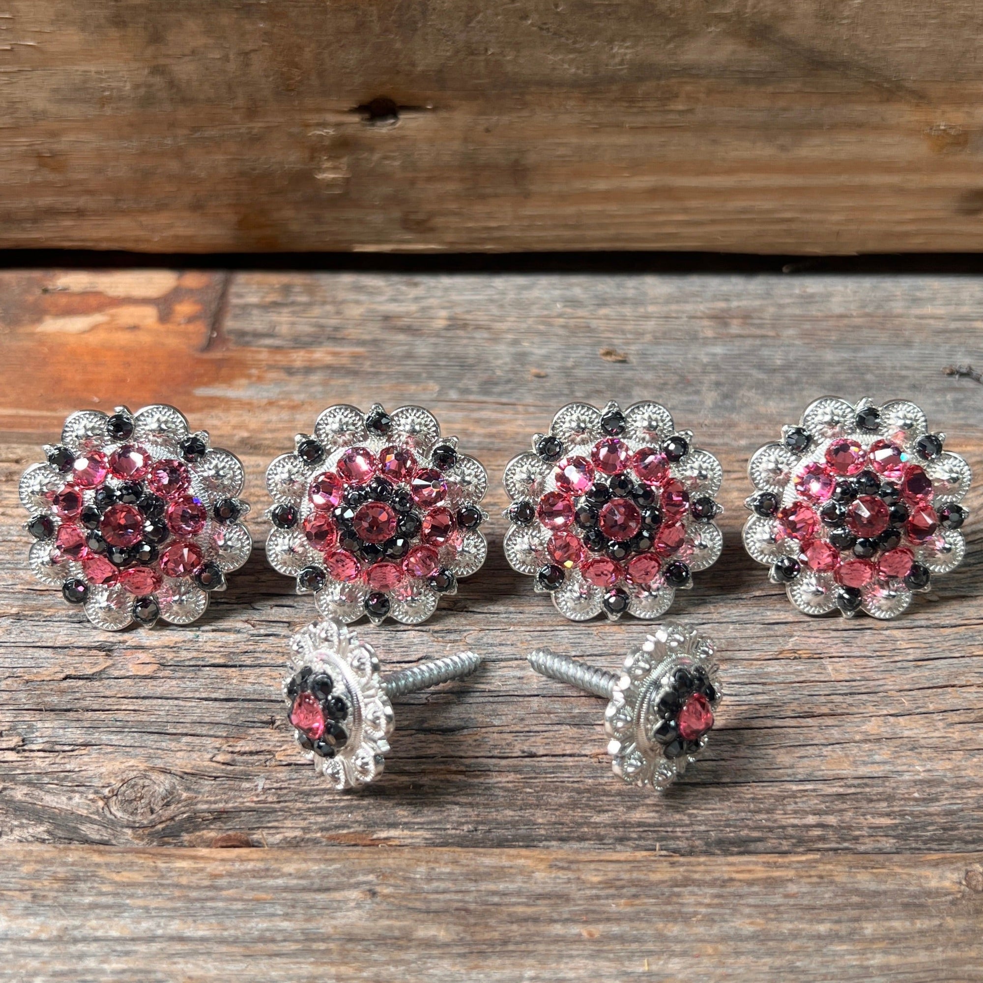 Bright Silver Pink &amp; Jet Saddle Conchos