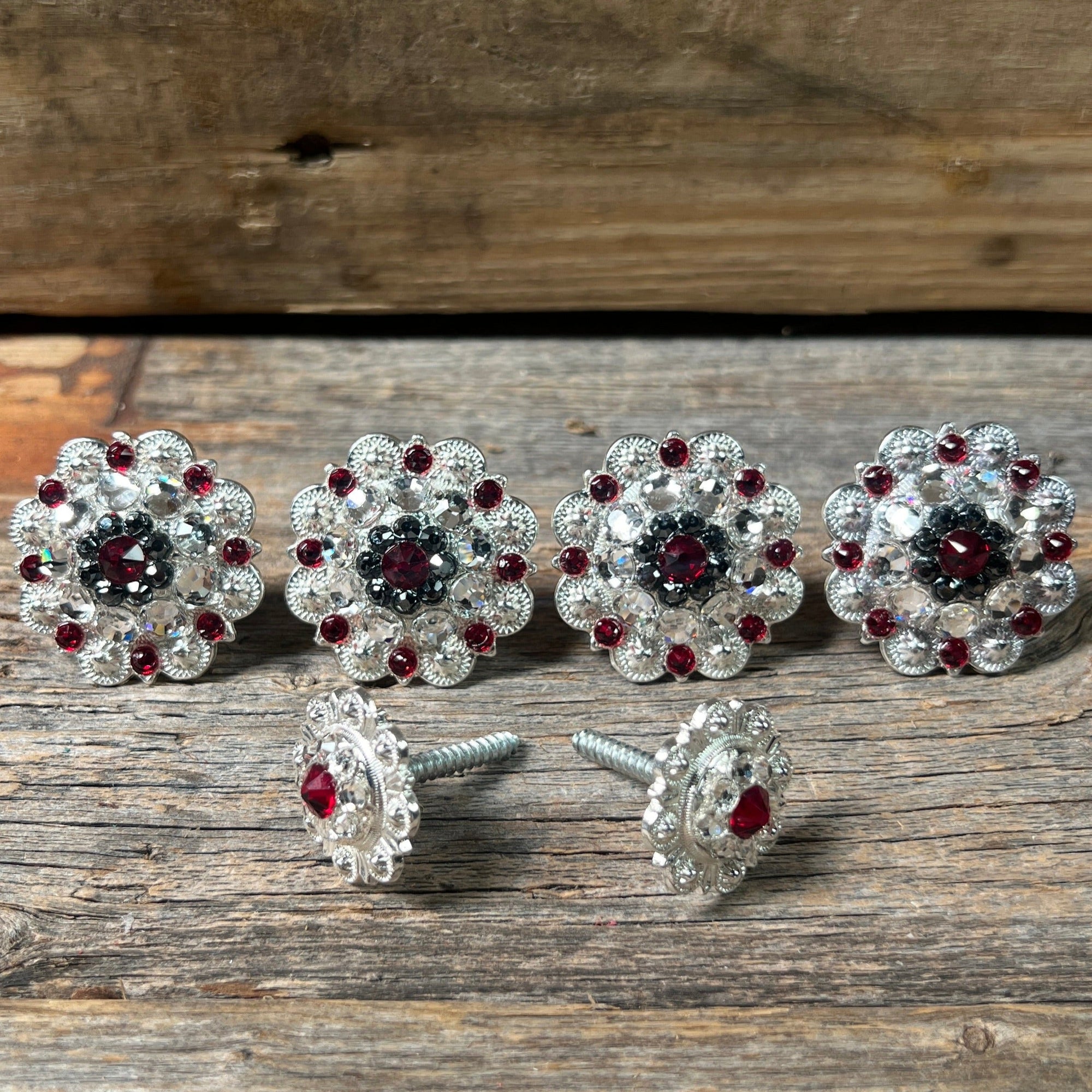 Bright Silver Ruby Jet &amp; Clear Saddle Conchos