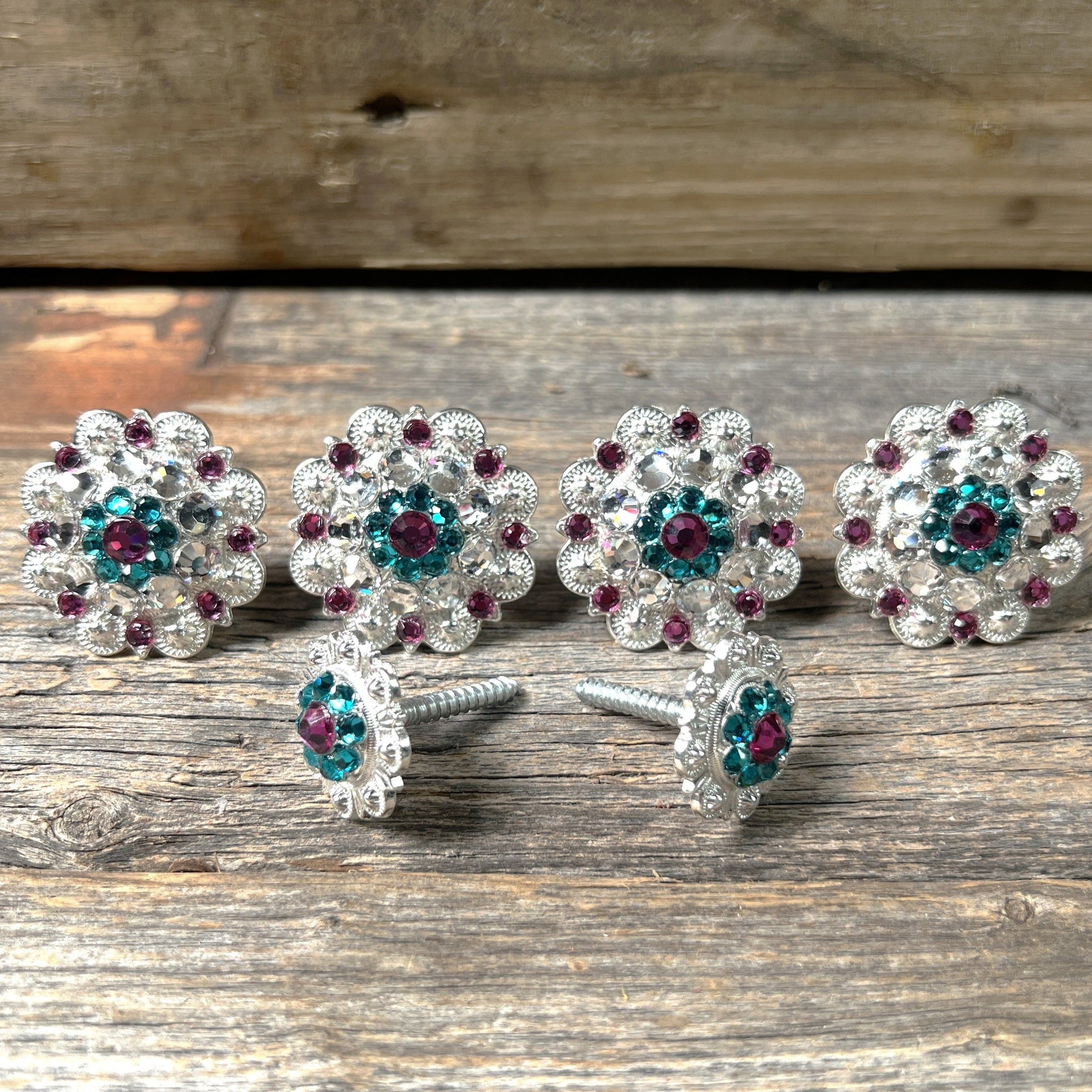 Bright Silver Fuchsia Teal &amp; Clear Saddle Conchos