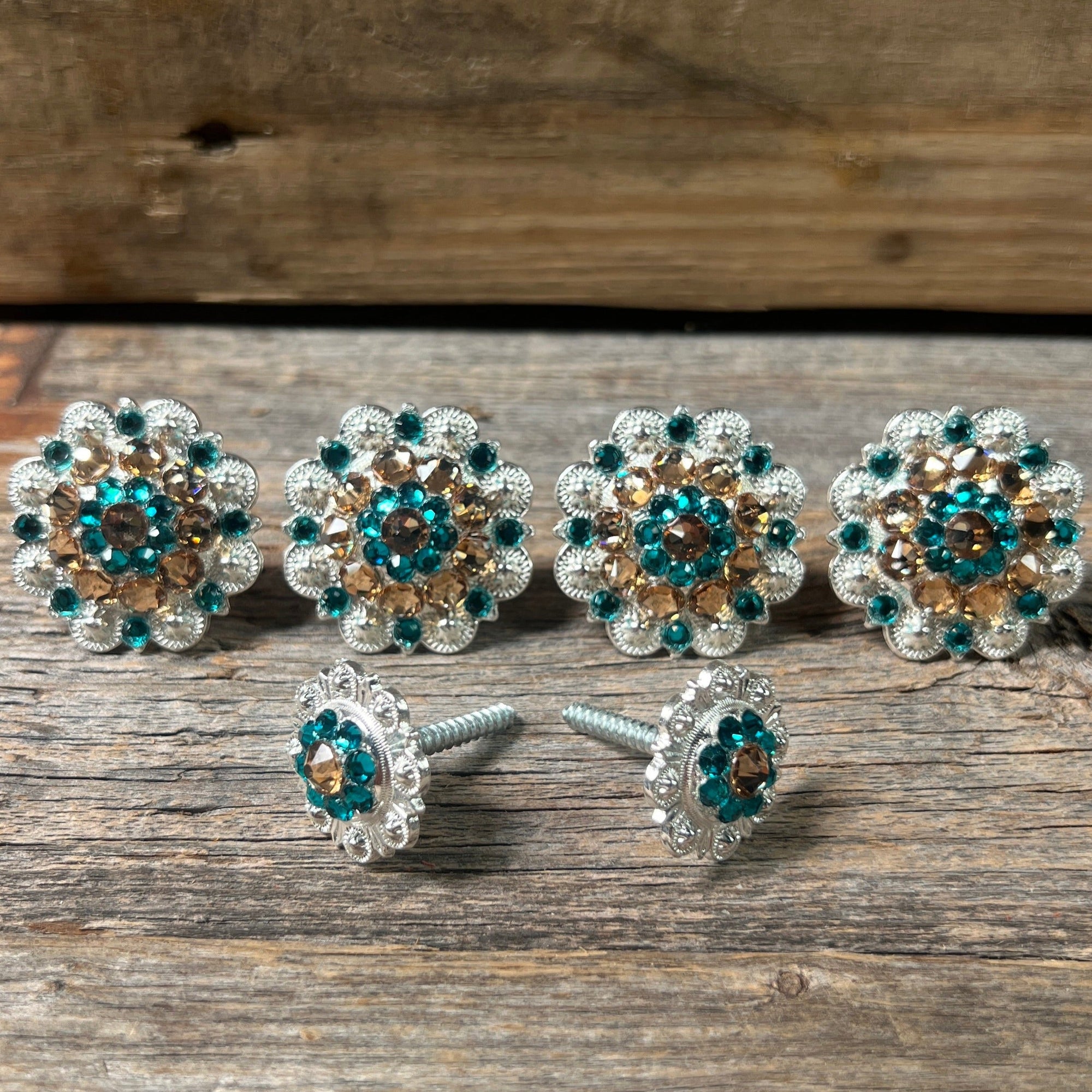Bright Silver Champagne &amp; Teal Saddle Conchos