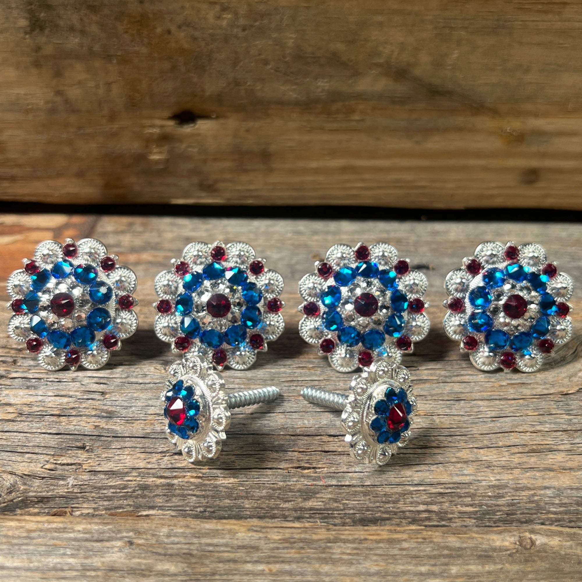 Bright Silver Red, White &amp; Blue Saddle Conchos