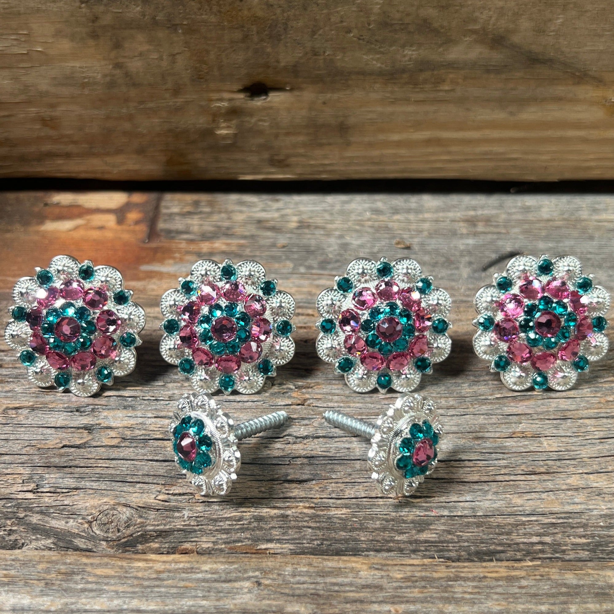 Bright Silver Pink &amp; Teal Saddle Conchos