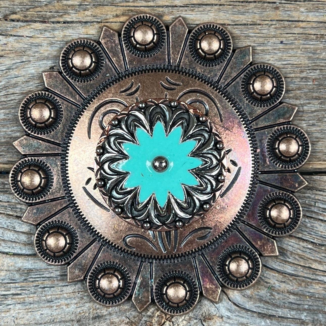 Copper &amp; Antique Silver Turquoise Flower Western Concho W122