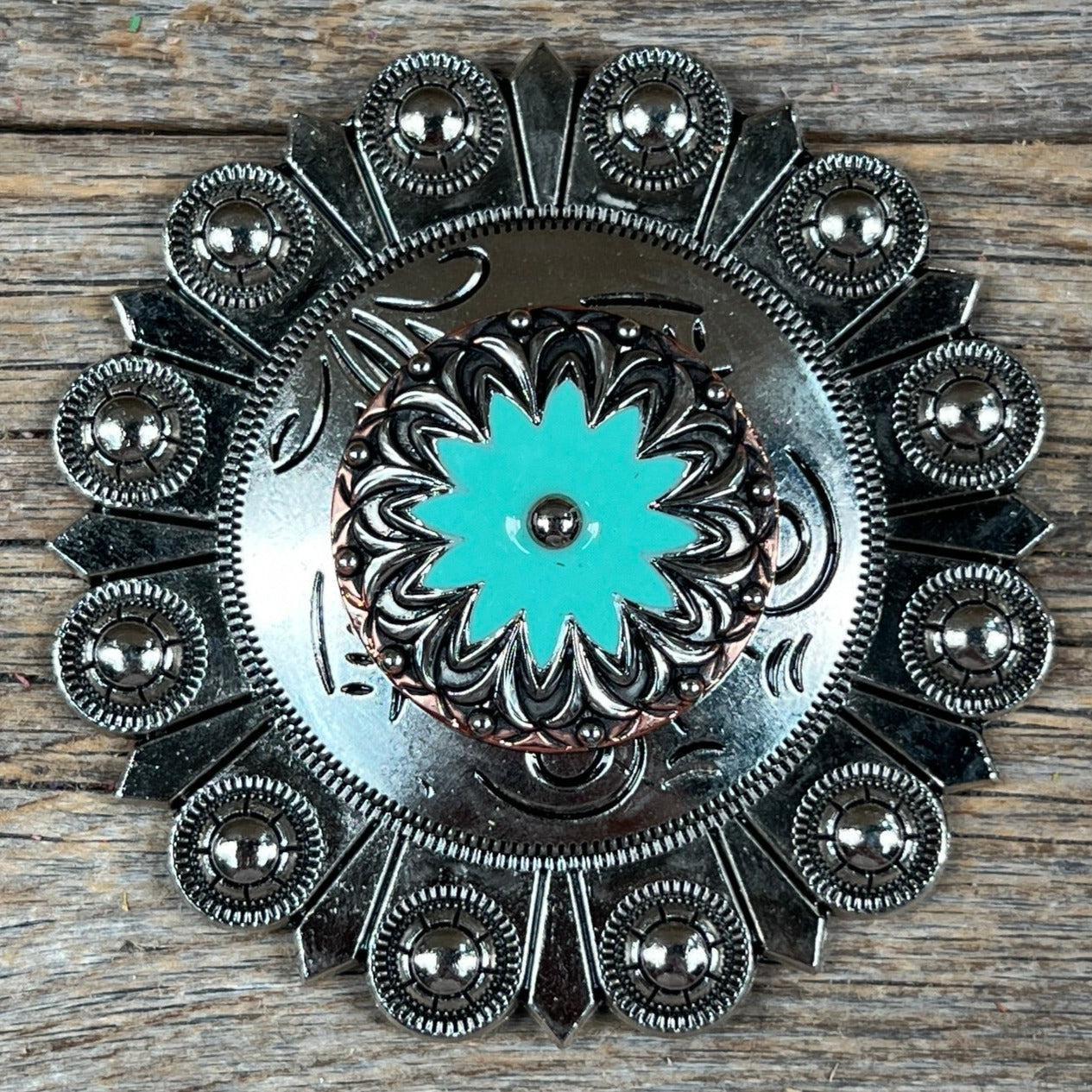 Copper &amp; Antique Silver Turquoise Flower Western Concho W122