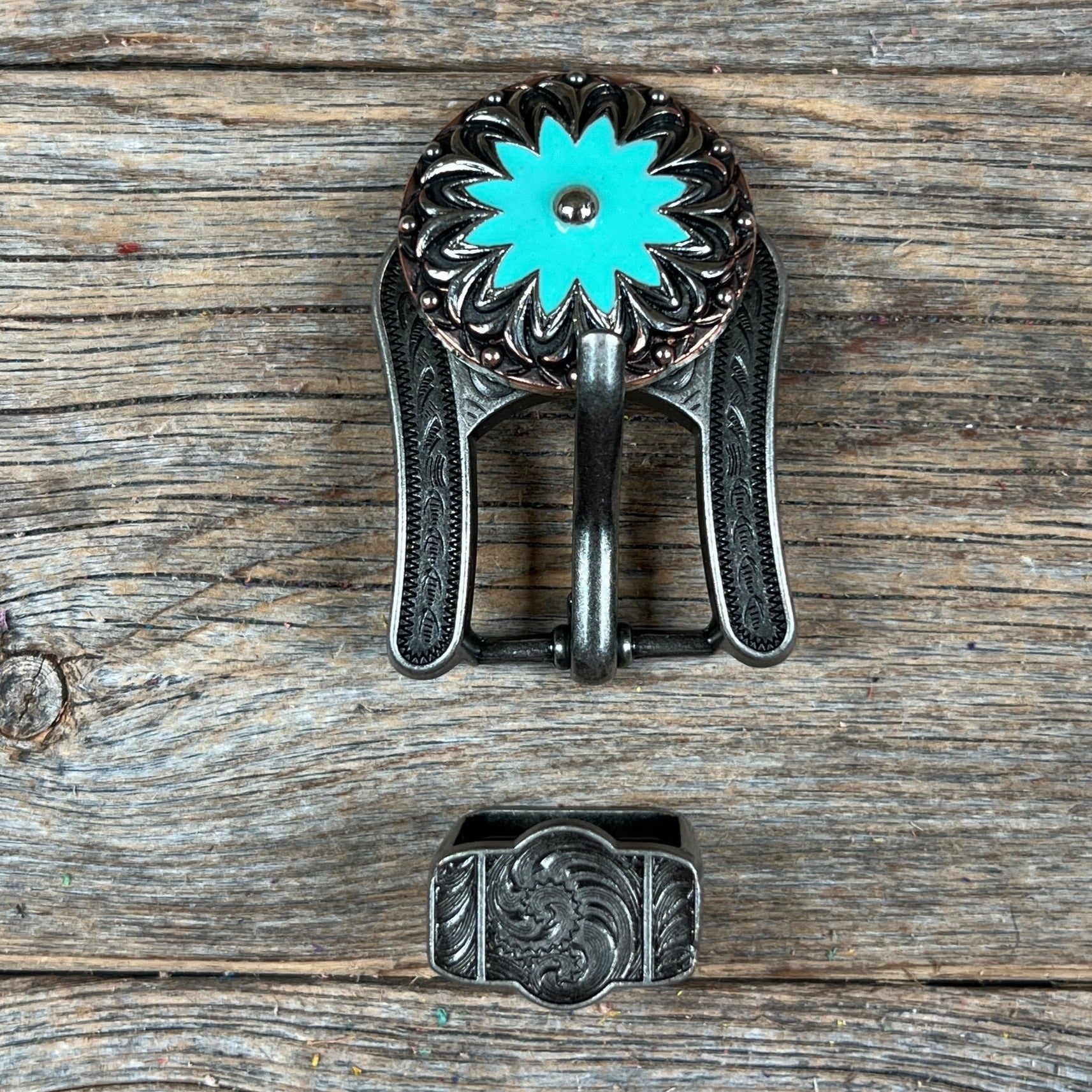 Copper &amp; Antique Silver Turquoise Flower Western Concho W122