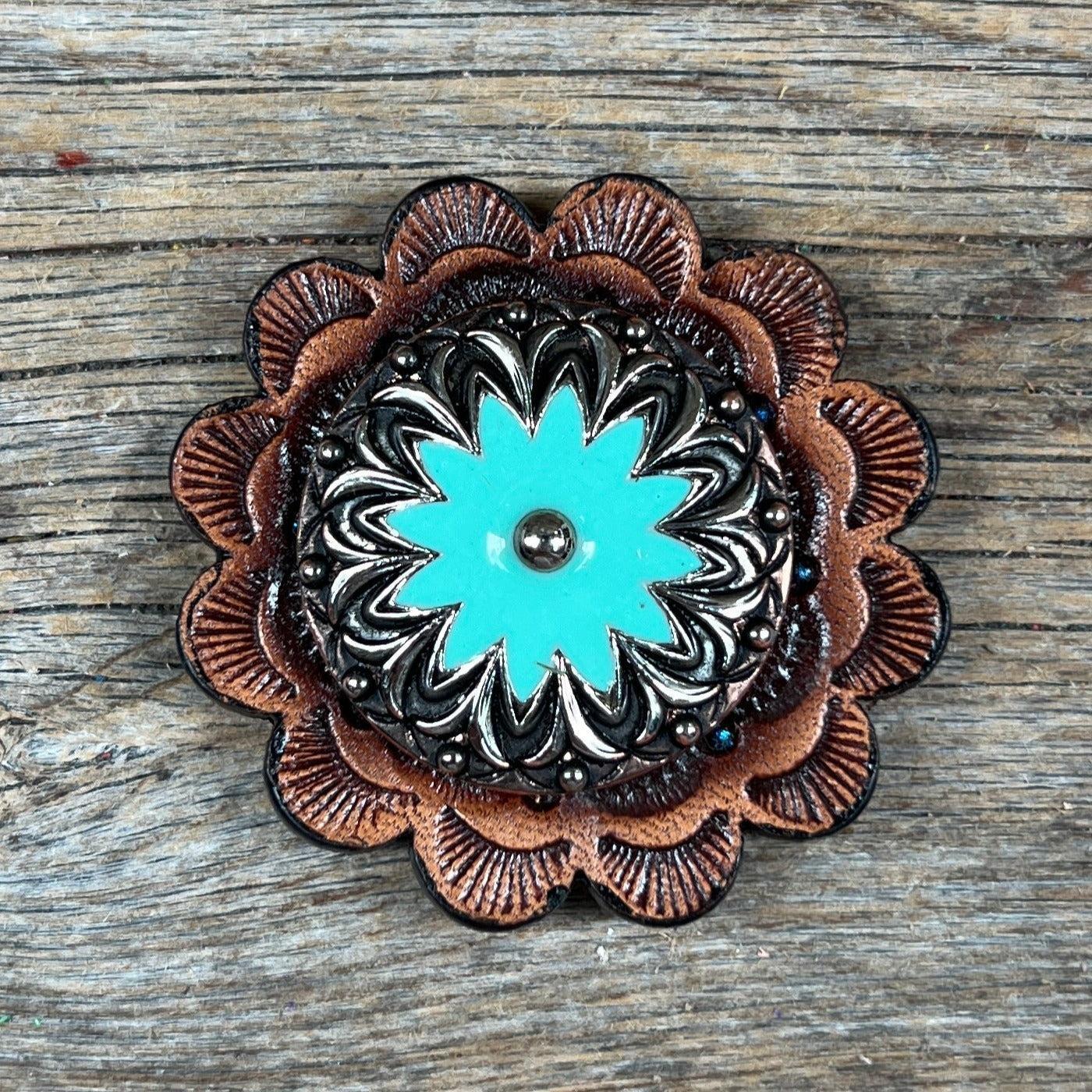 Copper &amp; Antique Silver Turquoise Flower Western Concho W122