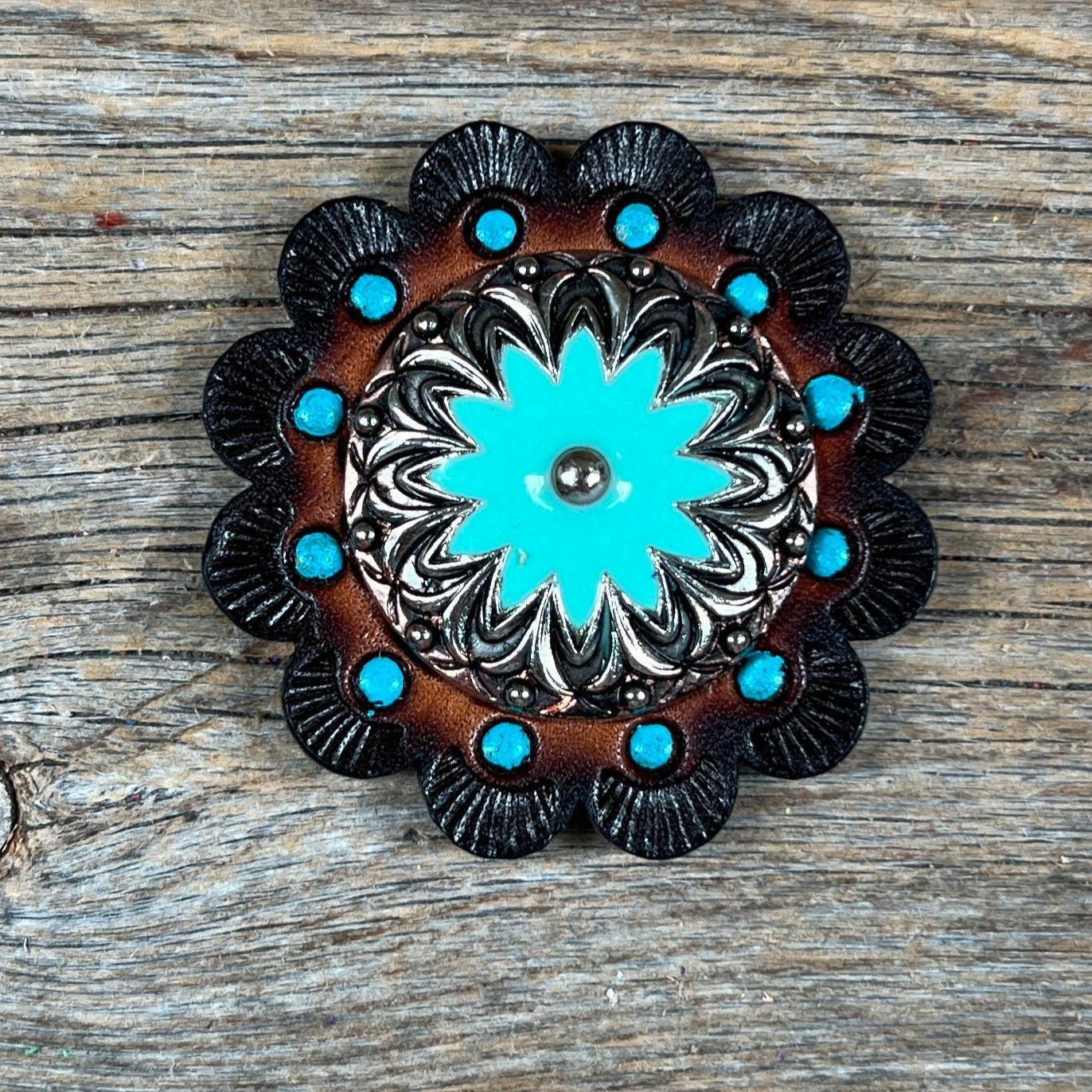 Copper &amp; Antique Silver Turquoise Flower Western Concho W122