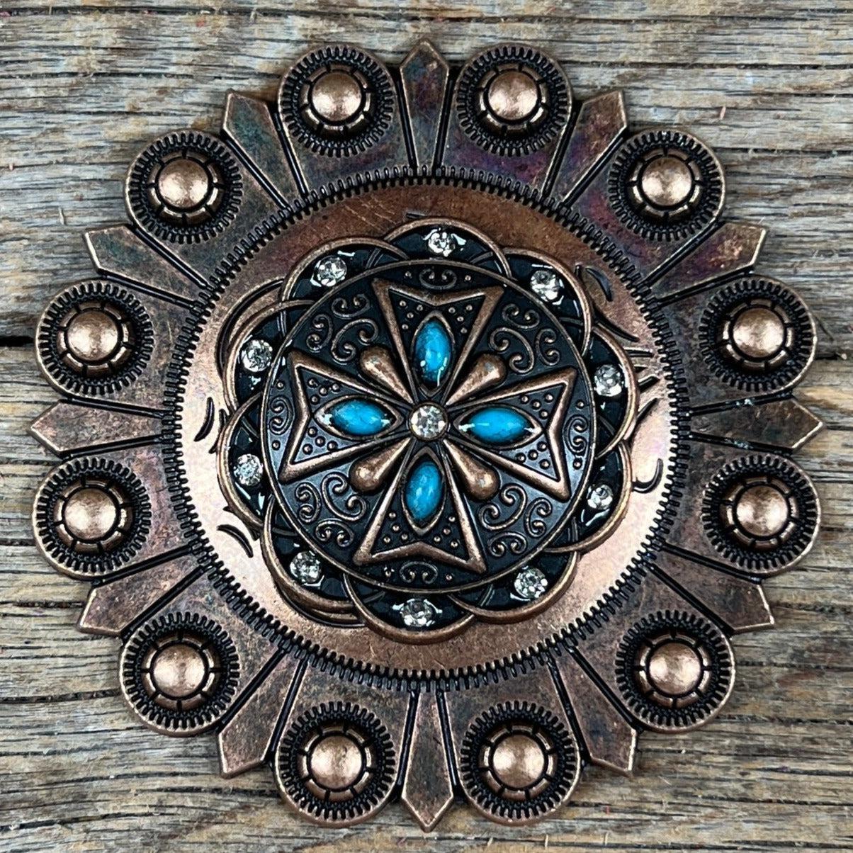 Copper Turquoise &amp; Clear Crystal Western Concho W138