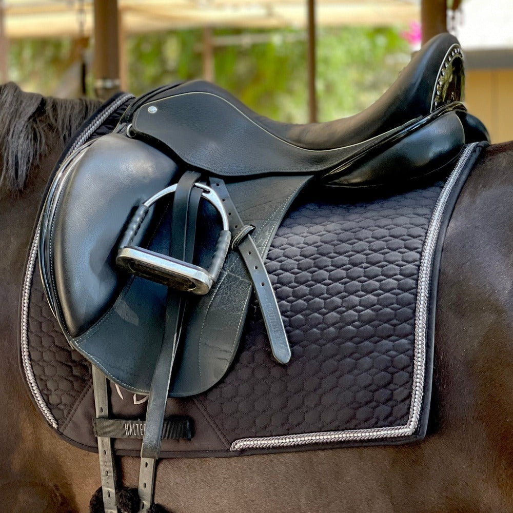 European Cotton Dressage Saddle Pad - Black with Crystal &amp; Gunmetal Trim