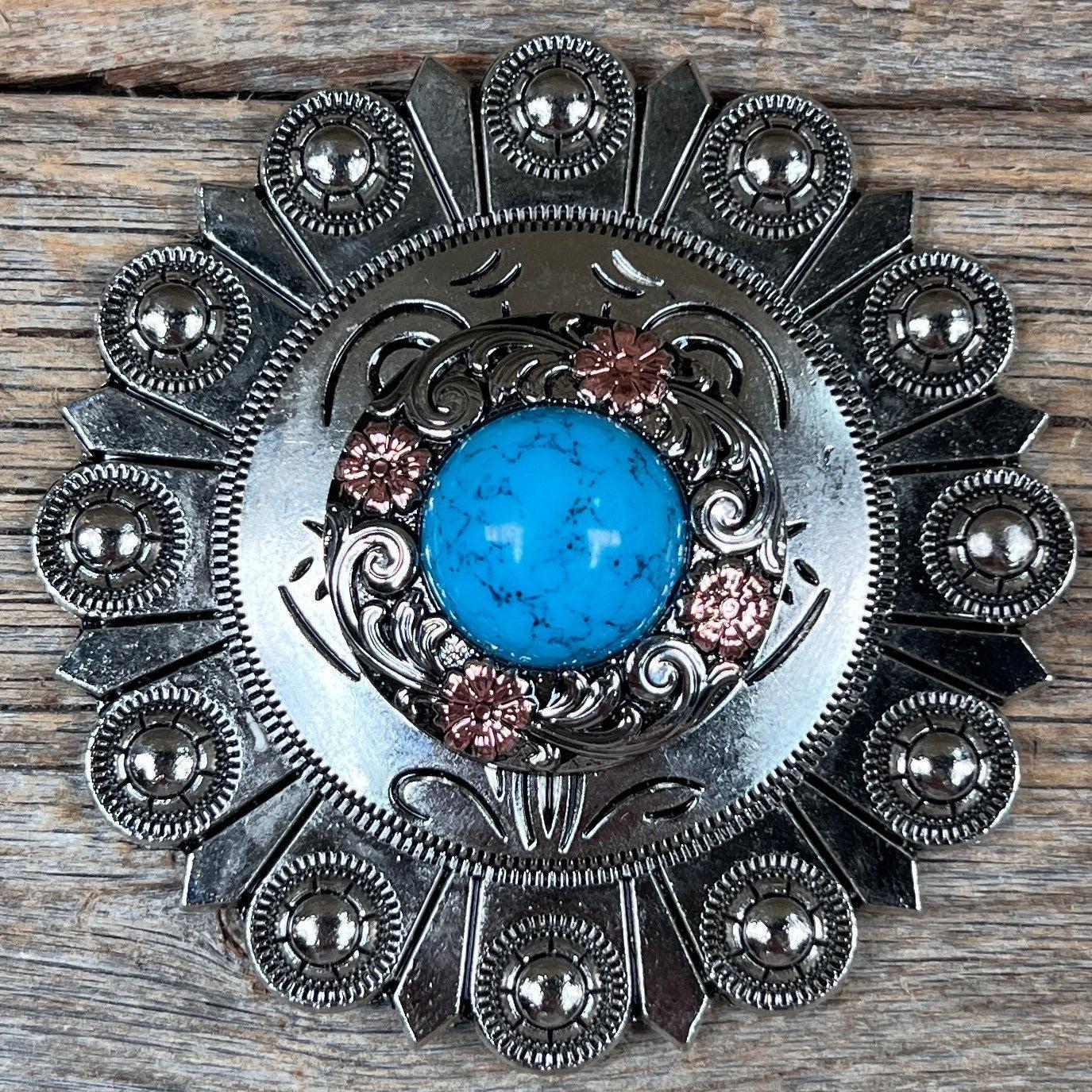 Antique Silver Turquoise Copper Floral Western Concho W222