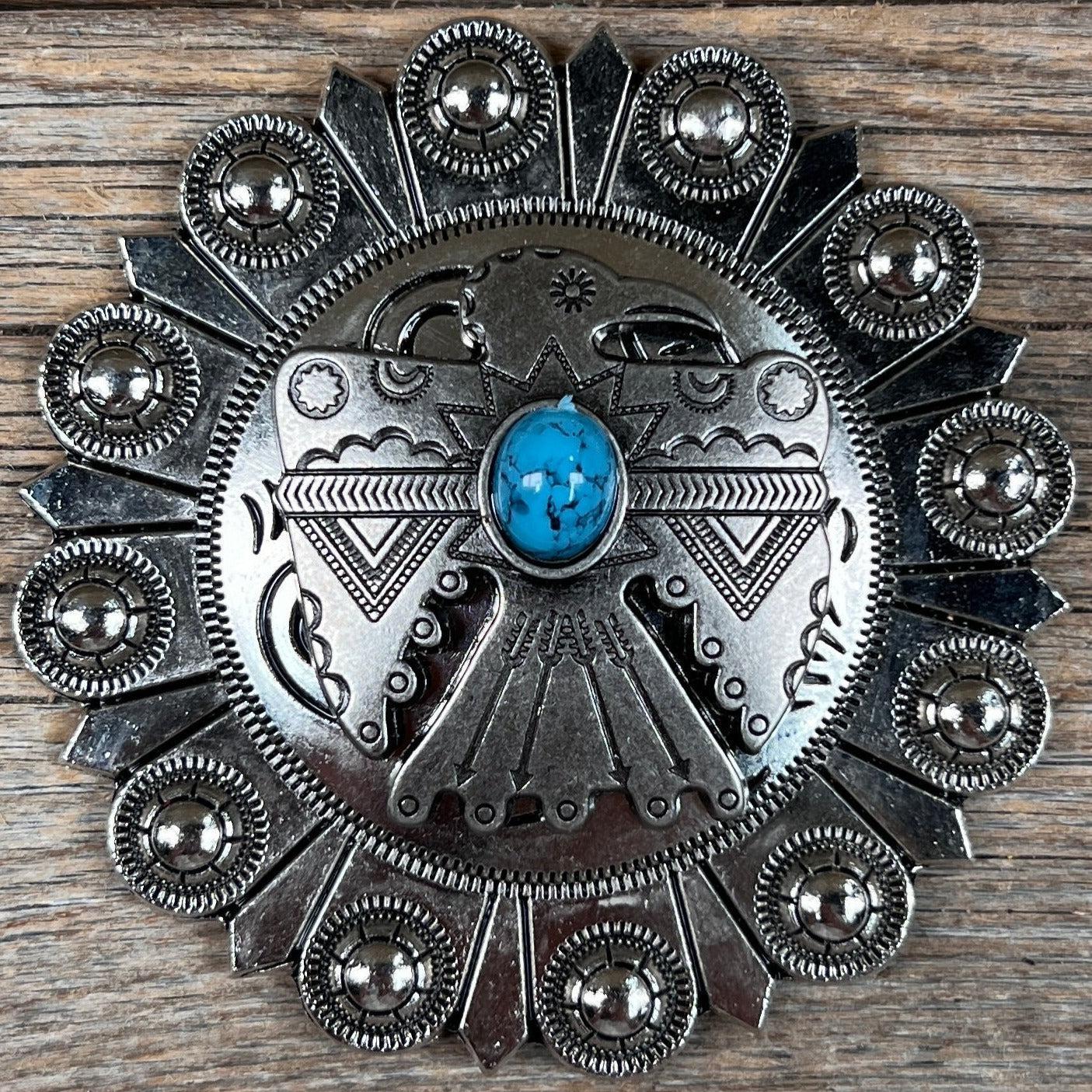 Antique Silver Turquoise Thunderbird Concho W181