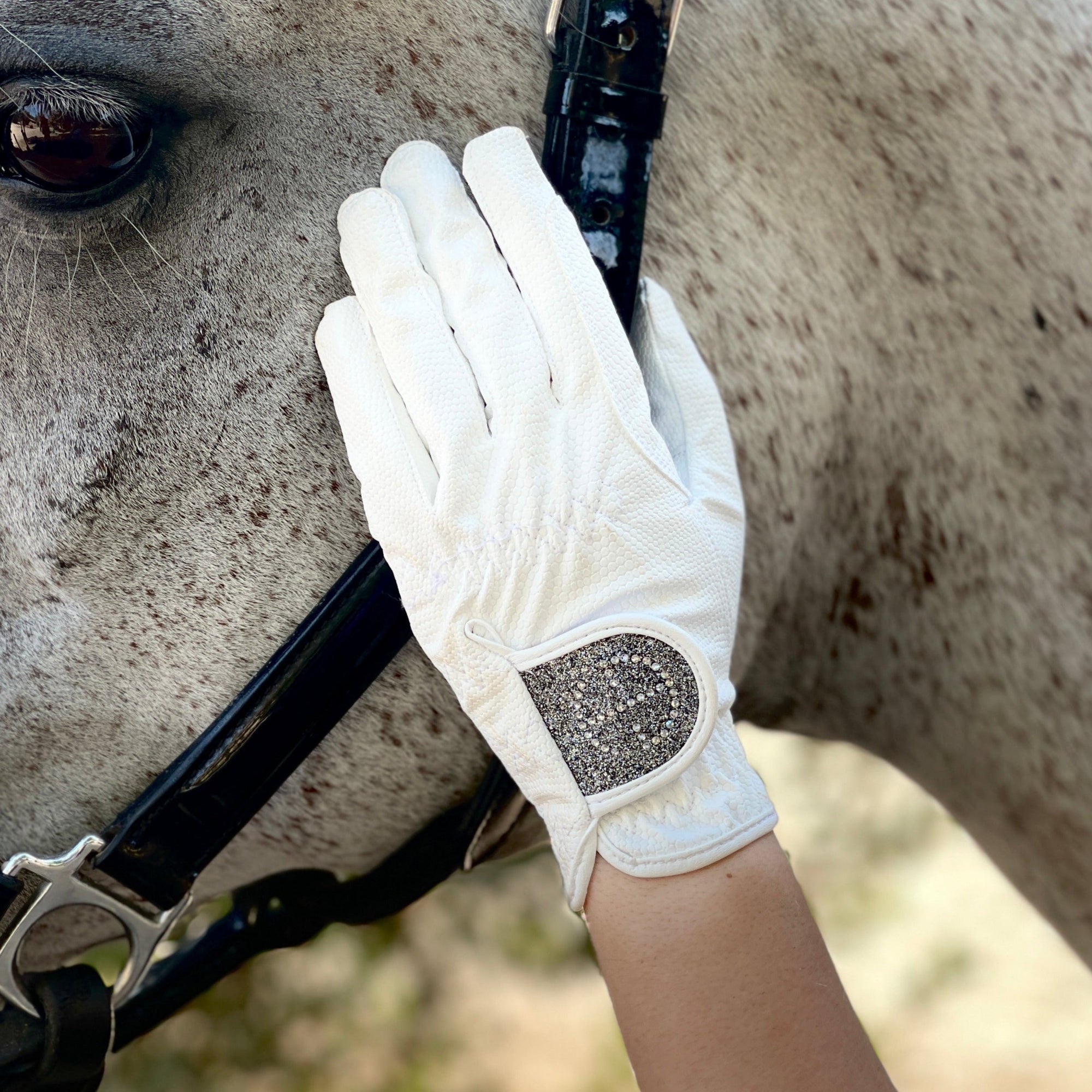 Halter Ego® Competition Gloves - Silver Gray Glitter &amp; Crystal Logo