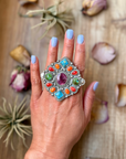 Mosaic Cluster Ring – Sterling Silver – Sonoran Mountain, Blue Ridge Turquoise & Spiny Oyster – Size 9 – Artist Shay Pfeiffer