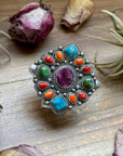 Mosaic Cluster Ring – Sterling Silver – Sonoran Mountain, Blue Ridge Turquoise & Spiny Oyster – Size 9 – Artist Shay Pfeiffer