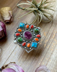 Mosaic Cluster Ring – Sterling Silver – Sonoran Mountain, Blue Ridge Turquoise & Spiny Oyster – Size 9 – Artist Shay Pfeiffer
