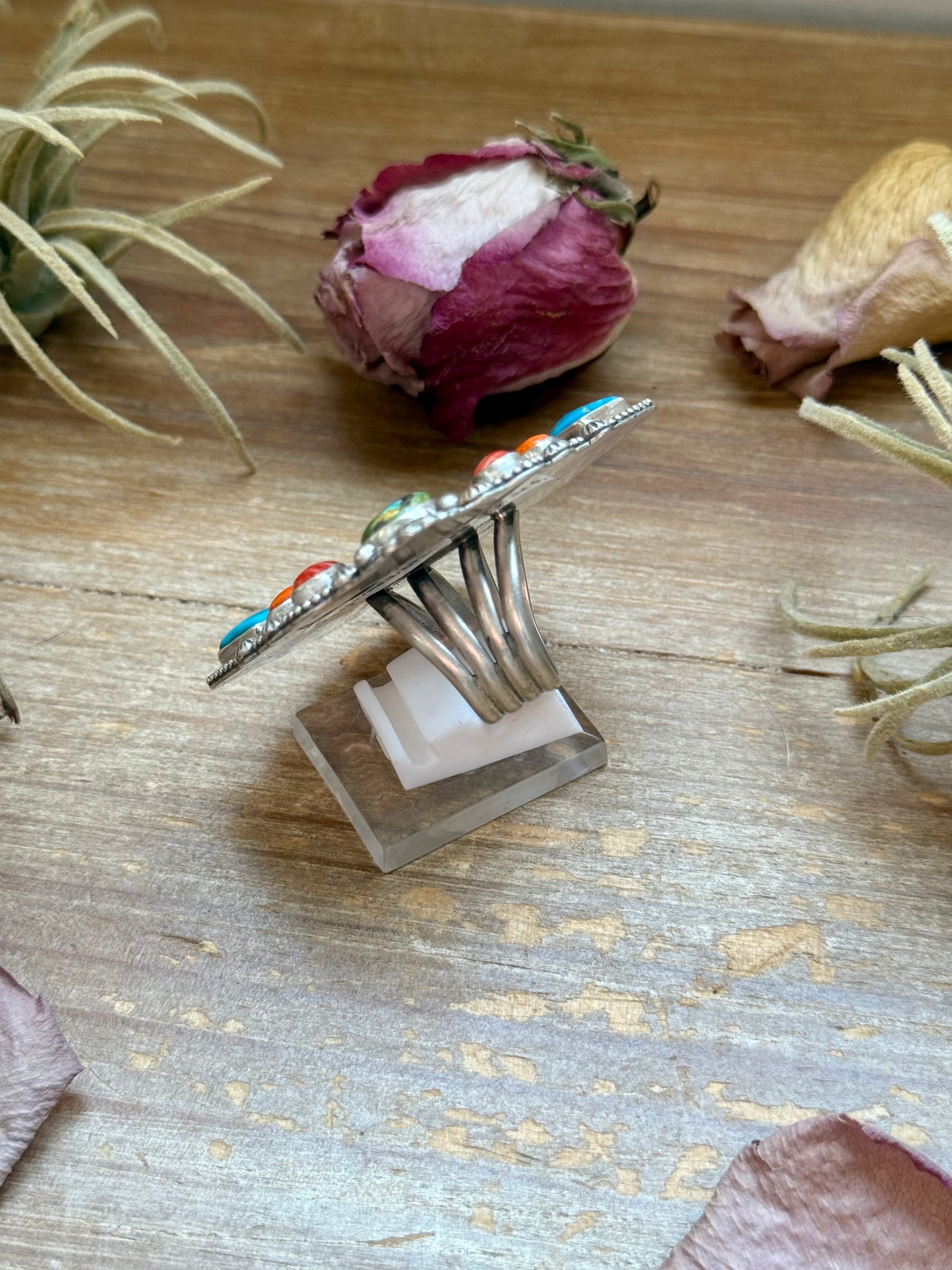 Mosaic Cluster Ring – Sterling Silver – Sonoran Mountain, Blue Ridge Turquoise &amp; Spiny Oyster – Size 9 – Artist Shay Pfeiffer