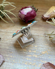 Mosaic Cluster Ring – Sterling Silver – Sonoran Mountain, Blue Ridge Turquoise & Spiny Oyster – Size 9 – Artist Shay Pfeiffer
