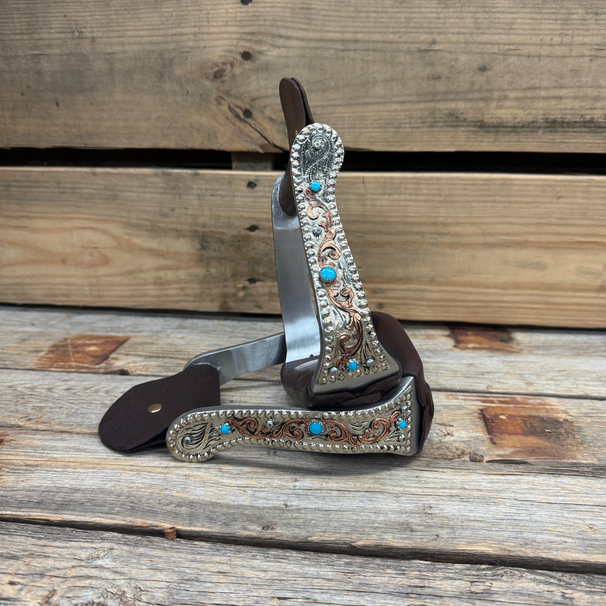 Hand Engraved Copper and Turquoise Angled Barrel Racing Western Stirrups BRS101
