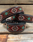 Tooled Red and Brown Leather Beaded Dog Collar 