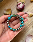 Sterling Silver Spiderweb Kingman Turquoise & Ponca Pearl Memory Wire Bracelet – Fits Up to 9” Wrist – Artist Jason Ogg