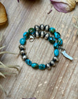 Sterling Silver Spiderweb Kingman Turquoise & Ponca Pearl Memory Wire Bracelet – Fits Up to 9” Wrist – Artist Jason Ogg