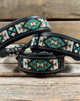 Tooled Turquoise and Gold Leather Beaded Dog Collar 