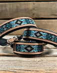 Tooled Light Blue and Black Leather Beaded Dog Collar 