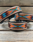 Tooled Peach and Red Leather Beaded Dog Collar 