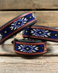 Tooled Blue and White Leather Beaded Dog Collar 