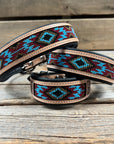 Tooled Brown and Blue Leather Beaded Dog Collar 