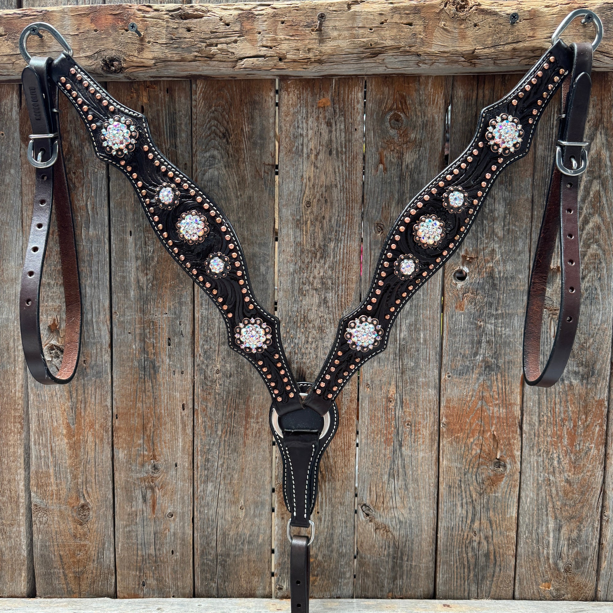 Dark Oil Floral Copper Dot AB One Ear / Breastcollar Tack Set 