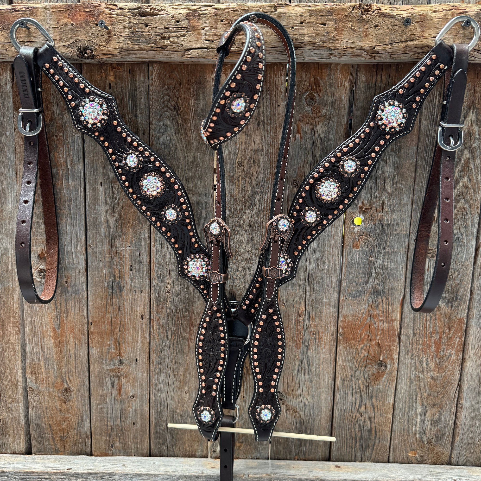 Dark Oil Floral Copper Dot AB One Ear / Breastcollar Tack Set 
