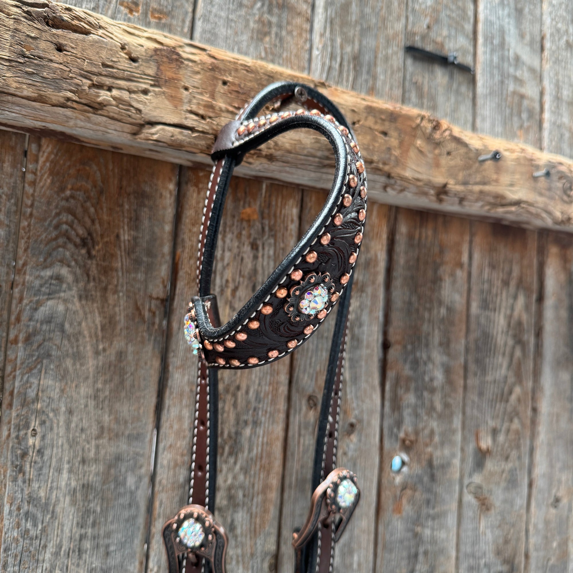 Dark Oil Floral Copper Dot AB One Ear / Breastcollar Tack Set 