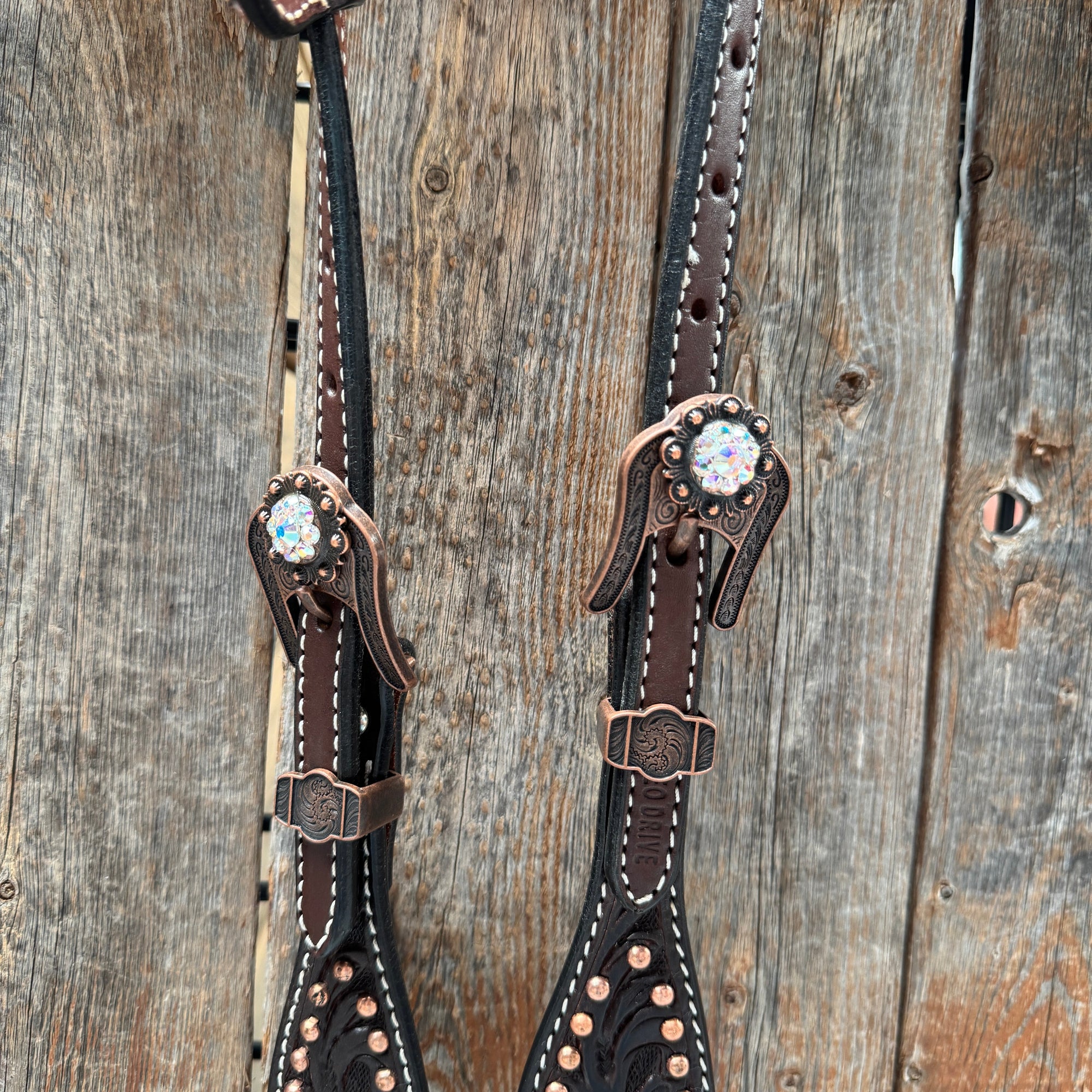 Dark Oil Floral Copper Dot AB One Ear / Breastcollar Tack Set 