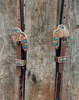 Medium Floral Teal Dot Teal and Champagne One Ear Headstall - Breastcollar Tack Set 