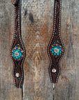 Medium Floral Teal Dot Teal and Champagne One Ear Headstall - Breastcollar Tack Set 