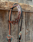 Medium Floral Teal Dot Teal and Champagne One Ear Headstall - Breastcollar Tack Set 