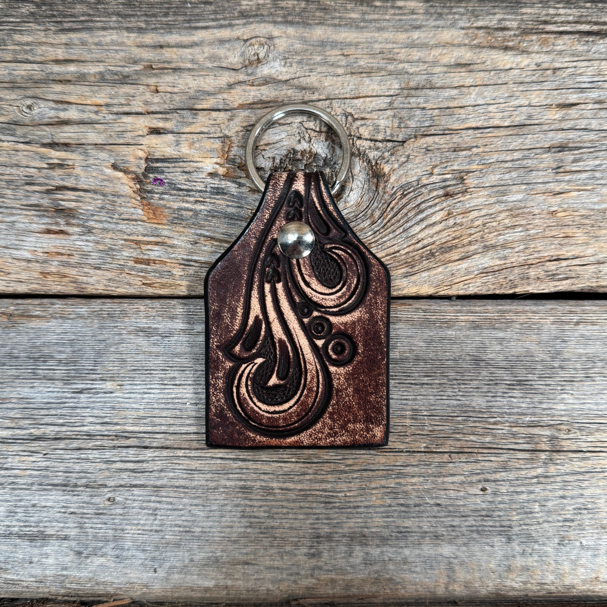 Floral Tooled Cow Tag Leather Key Chain