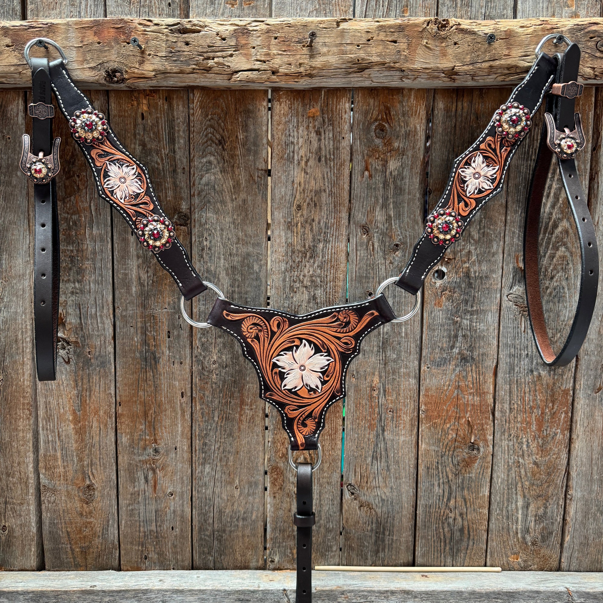Triple Tone Floral Ruby, Jet and Champagne Browband - Triangle / Gladiator Breastcollar Tack Set 