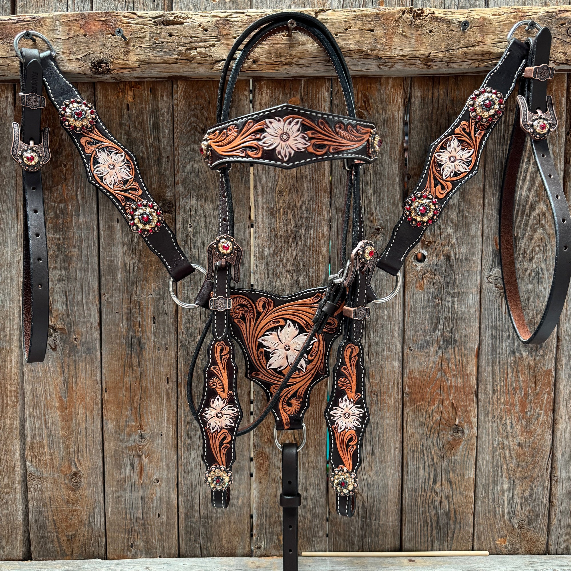 Triple Tone Floral Ruby, Jet and Champagne Browband - Triangle / Gladiator Breastcollar Tack Set 