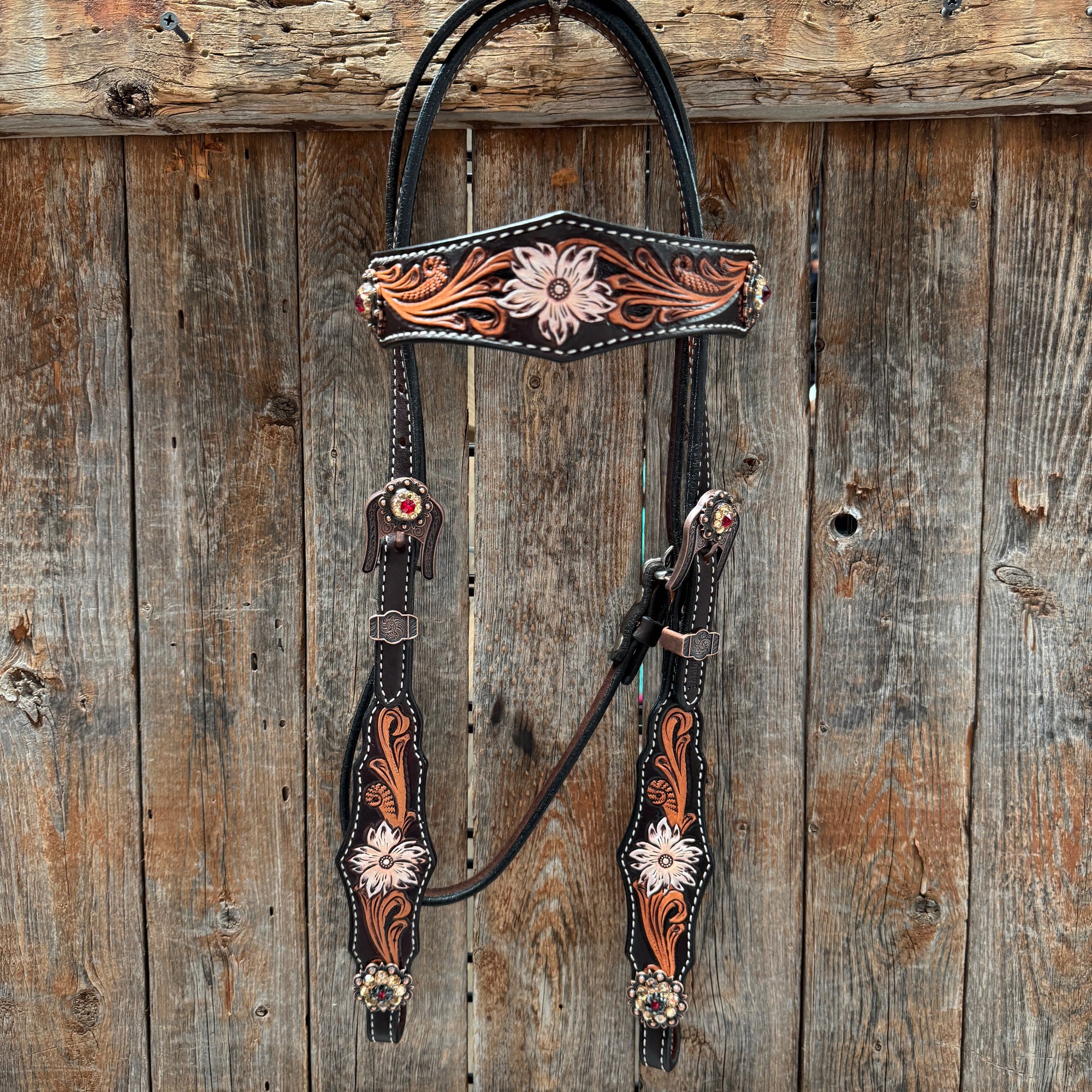 Triple Tone Floral Ruby, Jet and Champagne Browband - Triangle / Gladiator Breastcollar Tack Set 