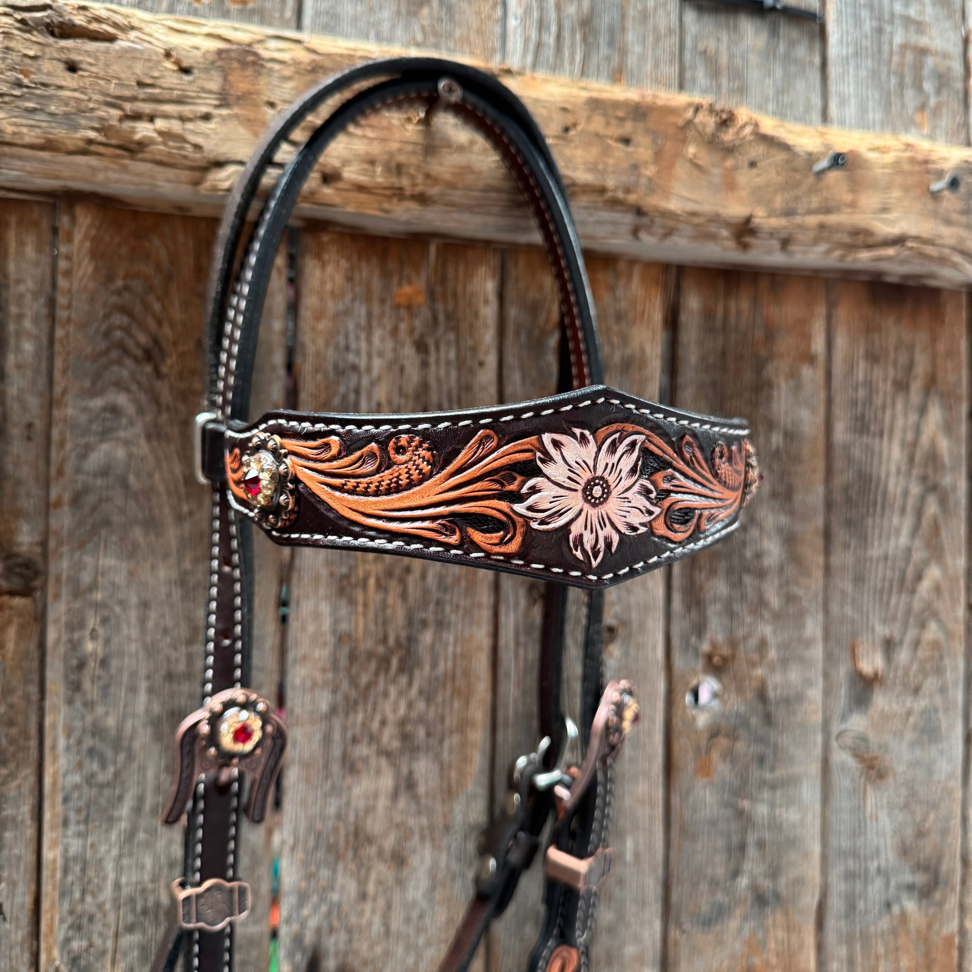 Triple Tone Floral Ruby, Jet and Champagne Browband - Triangle / Gladiator Breastcollar Tack Set 