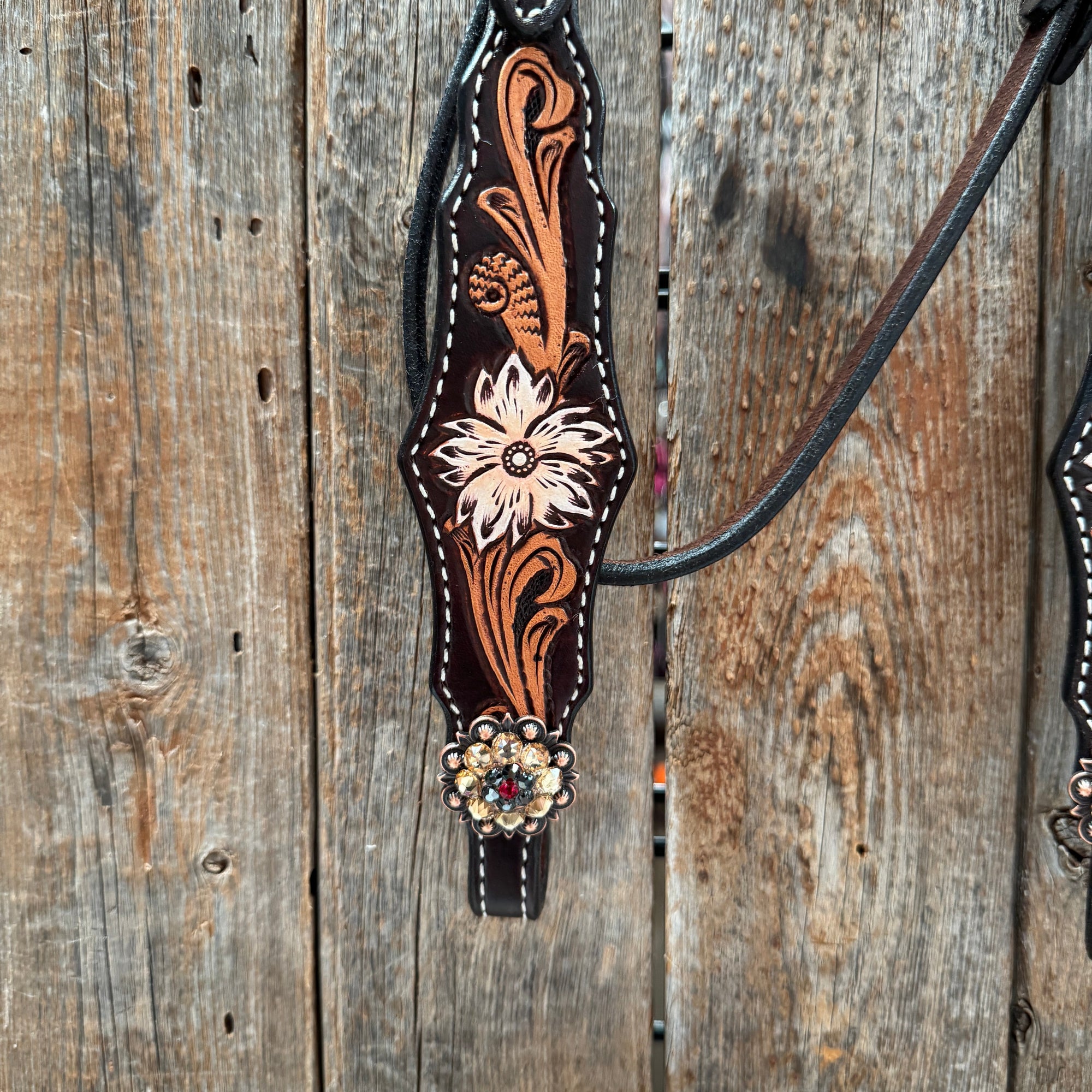 Triple Tone Floral Ruby, Jet and Champagne Browband - Triangle / Gladiator Breastcollar Tack Set 