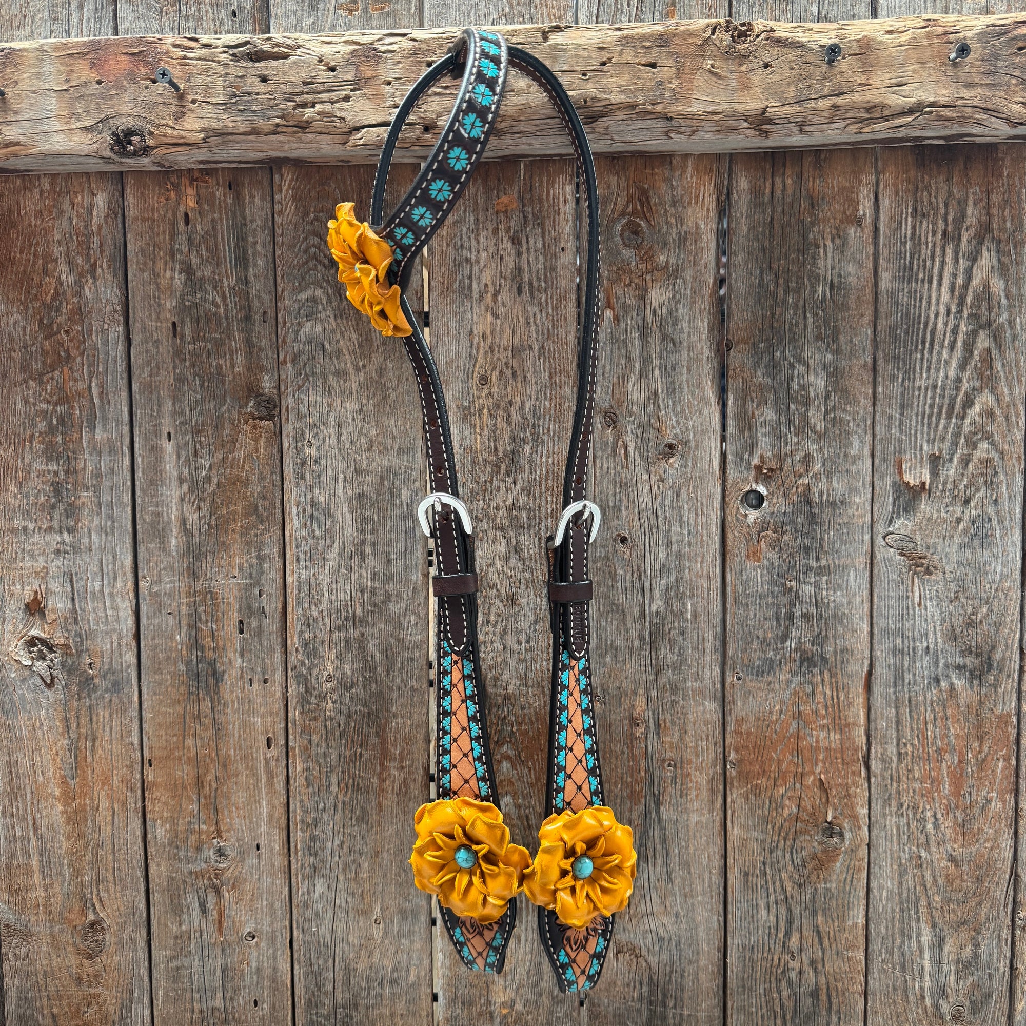 Multi Flower Gardenia &amp; Turquoise One Ear - Breastcollar Tack Set 