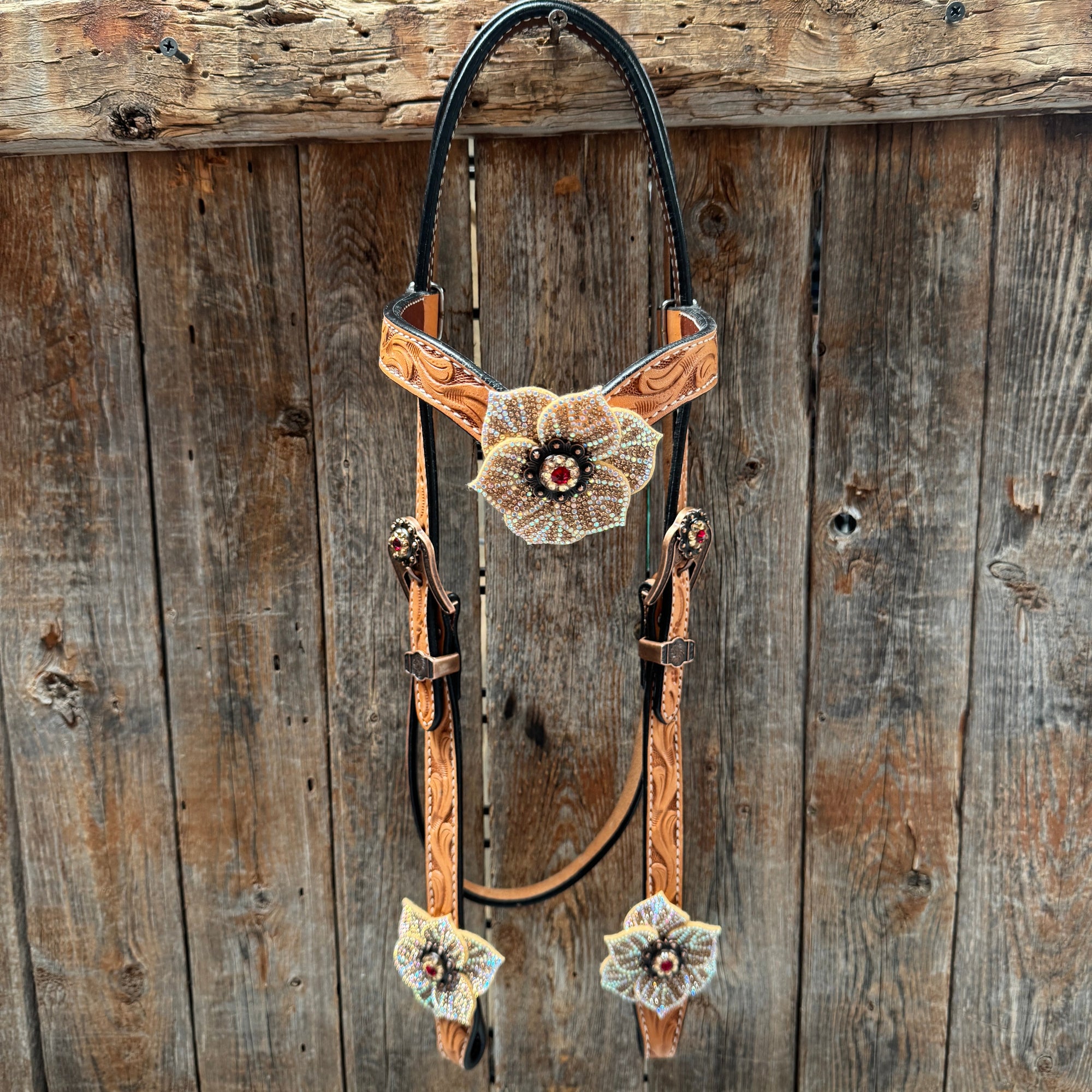 Light Oil Floral Tooled Ruby and Champagne Browband &amp; Breastcollar Tack Set 