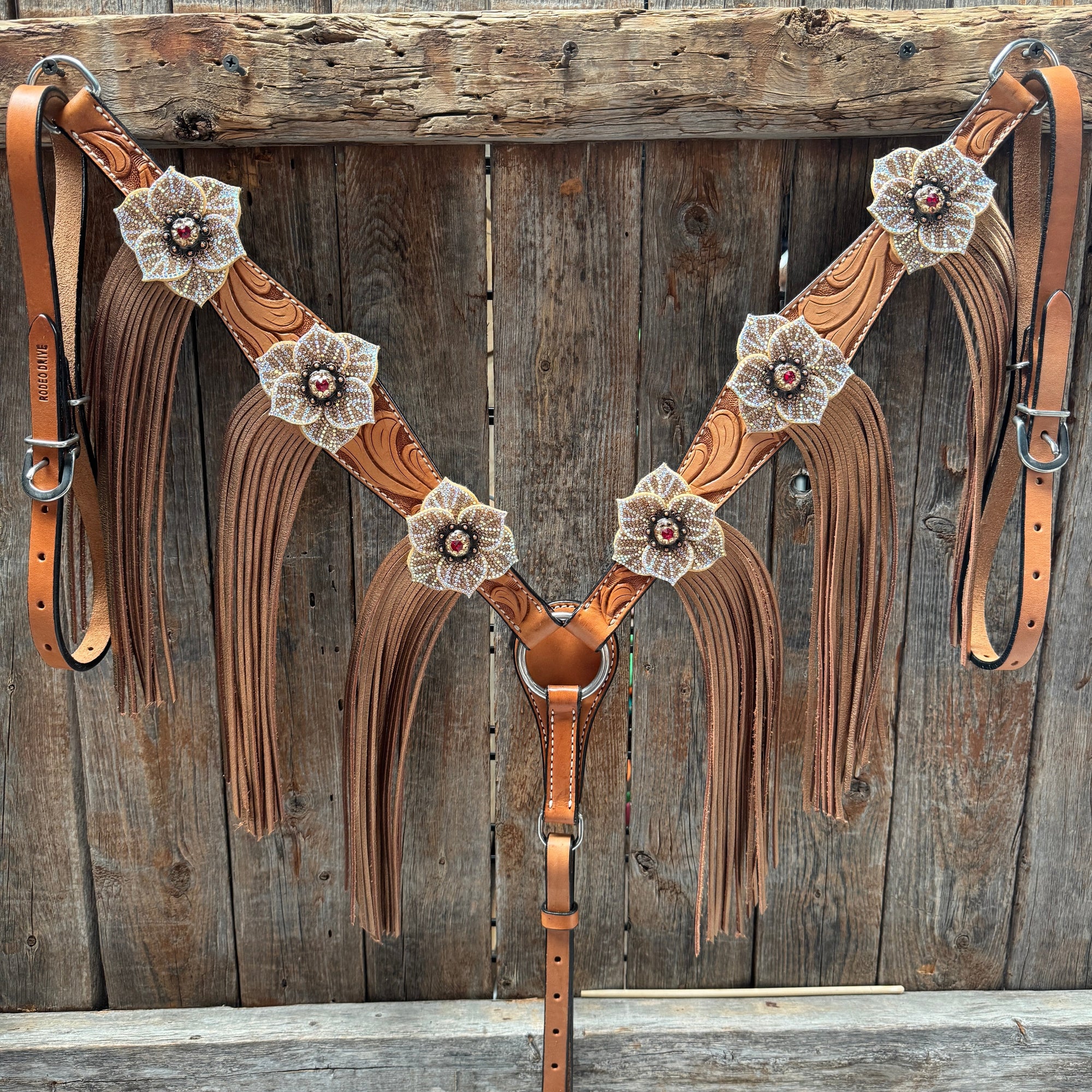 Light Oil Floral Tooled Ruby and Champagne Browband &amp; Breastcollar Tack Set 