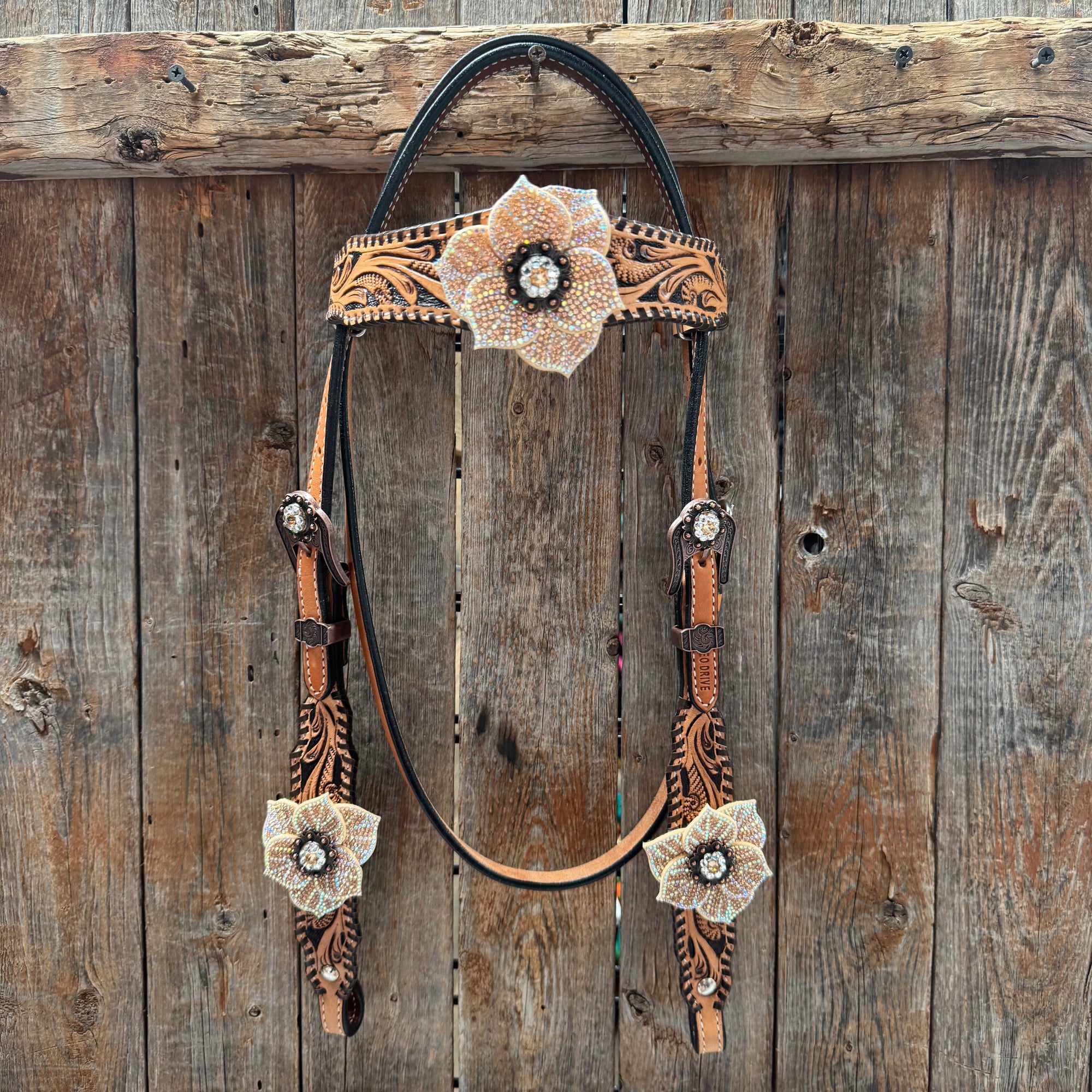 Floral Whipstitch Champagne and Clear Browband - Triangle / Gladiator Breastcollar Tack Set 