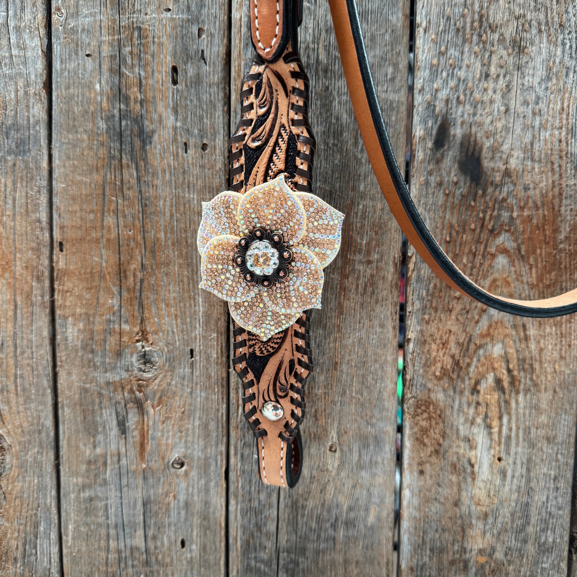 Floral Whipstitch Champagne and Clear Browband - Triangle / Gladiator Breastcollar Tack Set 