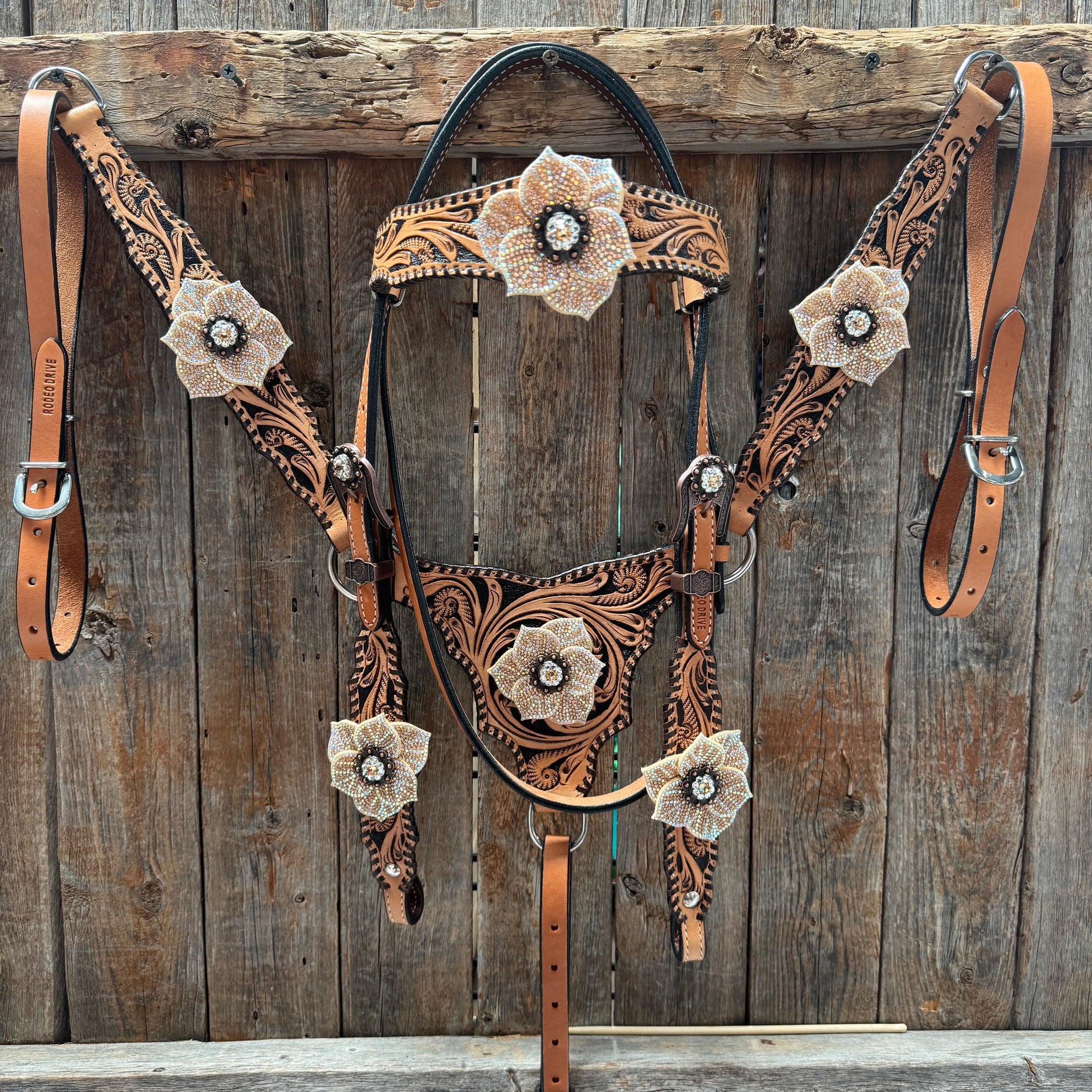 Floral Whipstitch Champagne and Clear Browband - Triangle / Gladiator Breastcollar Tack Set 
